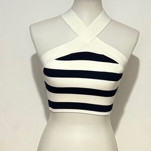 Babaton Sculpt Knit Criss Cross Cropped Tank - White and Navy - Size‎ S.